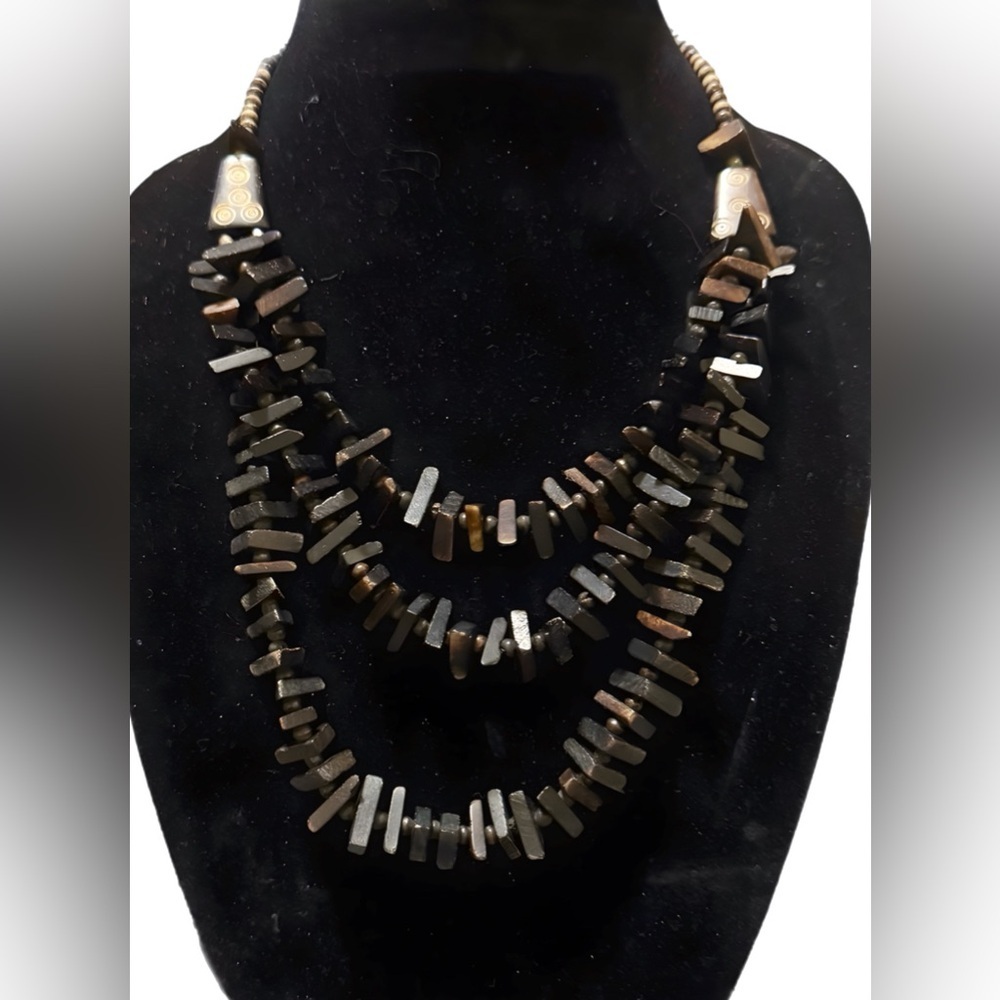 Vintage Necklace 3-Strand Funky Boho Wood w/ Bonus Extender. Etched Wood